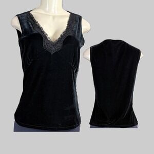 WD-NY L  Black Velour Lace Beaded Deep V-Neckline Sleeveless Blouse Tank Style